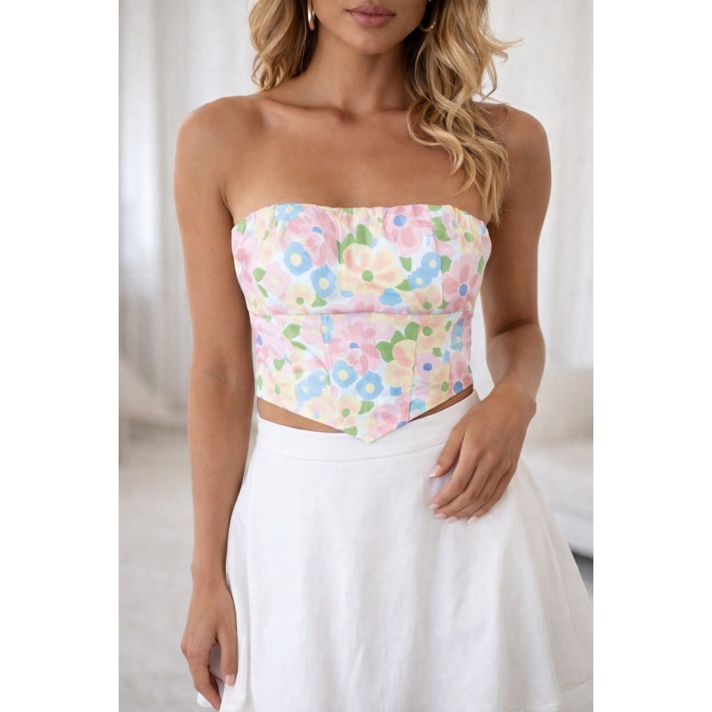 Princess Polly Floral Corset Tube Top Multi Pastel Strapless Bustier Size 6